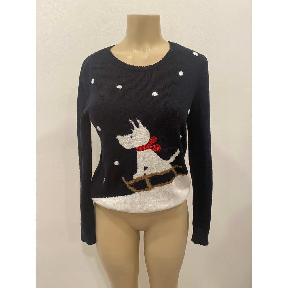 The Collection Debenhams Sweater Women Navy Blue Dog Sled Holiday Sweater SZ 10